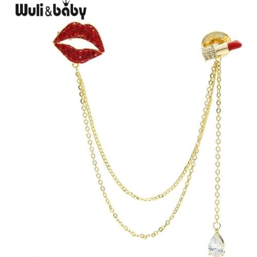 Wuli&baby Chain Mouth And Lipstick Brooches Women Men Czech Rhinestone Rouge Office Party Collar Pins Gifts