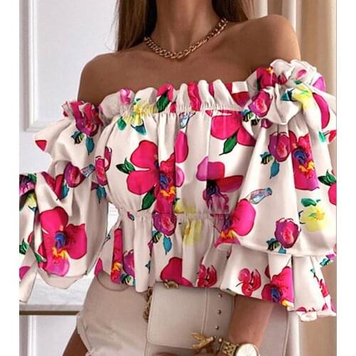 Women Ruffle Flare Sleeve Autumn Shirt Blouse Summer Flower Dot Print Tops Blusa Sexy Elastic Off Shoulder Ladies Shirt Pullover
