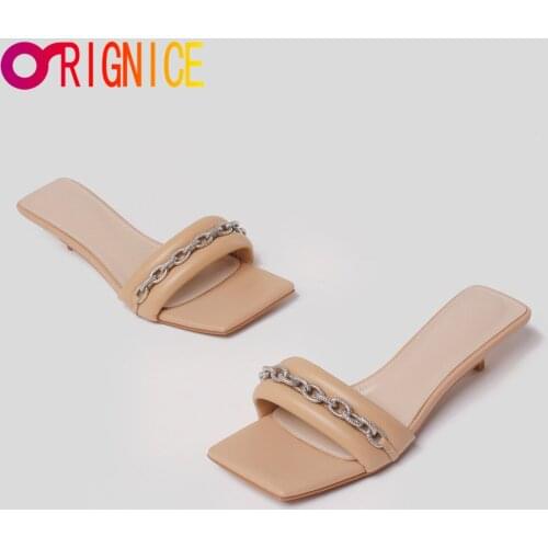 Orignice Hot Sale Brand Design New Summer Sheepskin Women Sandals Metal Chain Slipper Outdoor Square Toe Comfortable Low Heels