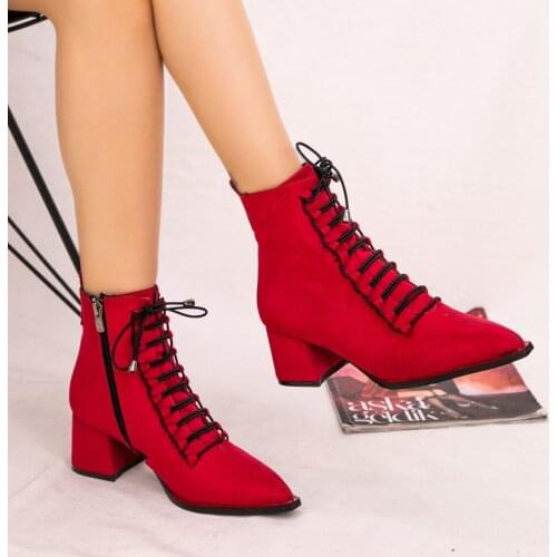 Tonar Mexer Red Suede Women Boots Lace-Up Zipper Winter New Trend Pointed toe