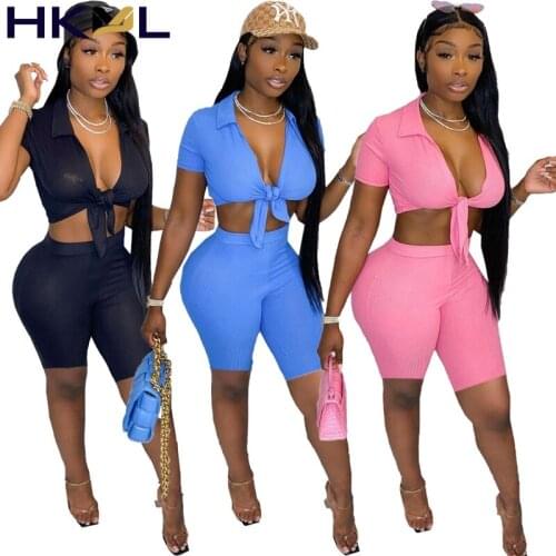 Sexy Two Piece Set for Women Matching Sets Summer Bow Tie Crop Top Biker Shorts Sweat Suits 2 Piece Sets Womens Outfits Shorts
