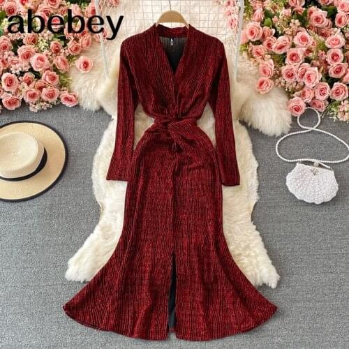 2021 New Spring Autumn Temperament V-Neck long sleeve Dress cross kink high waist pleated mid-length split fishtail Dress