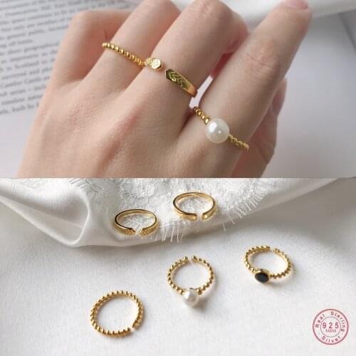 5 Styles Korean Version S925 Fashion Golden Round Pearl Open Ring Women Simple Personality Geometric Engagement Wedding Jewelryo