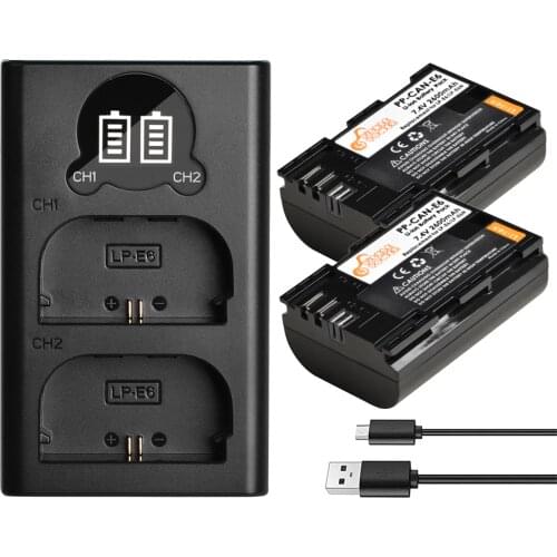 2 Pcs LP-E6 LP E6 LPE6 E6N Camera Battery & LED Dual USB Charger for Canon EOS 6D 7D 5DS 5DSR 5D Mark II IV 5D 60D 60Da 70D