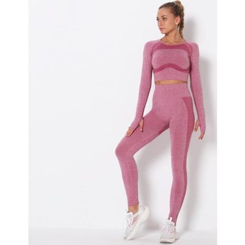 Seamless Knitted Hollowed-out Long sleeves Yoga Set Sports Top High Waist Pants Women Gym Workout Running Two-piece Set