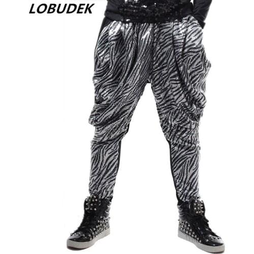 Tide Men Nightclub Hip-Hop Stage Wear Sparkly Sequins Harem Pants Bar DJ Singer Rock DJ Costume Fashion Casual Loose Trousers
