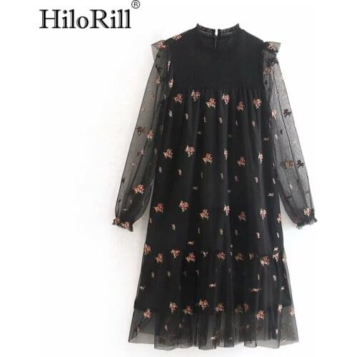 HiloRill Elegant Mesh Organza Mini Dress Women Lace Embroidery See Through Pleated Dress Sweet Ruffles Transparent Short Dresses