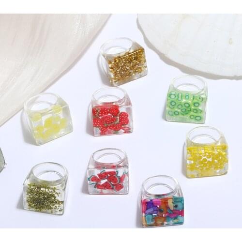 Korea Transparent Fruit Series Ring Strawberry Lemon Square Ring Color Resin Rings for Women Design Exaggeration Jewelry