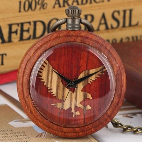 Natural Wooden 3D Flying Eagle Display Quartz Pocket Watch Mens Clock Women Dress Chain Jewelry Light Watches Top Luxury reloj