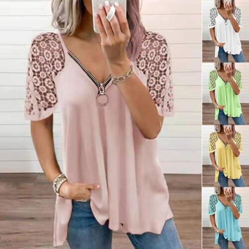 Summer womens new zipper V-neck fashion and leisure plus size T-shirt lace stitching short sleeve loose T-shirt womens explosi