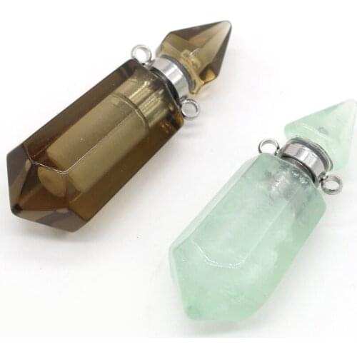 Natural Stone Perfume Bottle Pendant Cone Shape Smoky Quartzs Green Aventurines Pendant Fine Essential oil Diffuser Gift