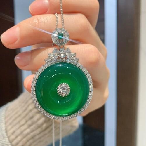 QTT 2021 Jewelry Round Emerald Pendant Necklace 925 Sterling Silver Chain Necklace Gemstones Choker Statement Necklace Women