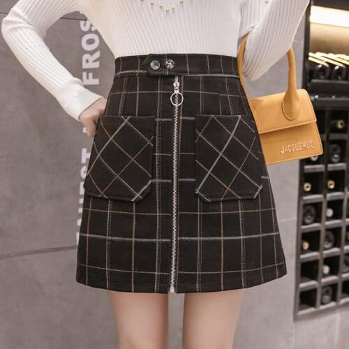 Neophil Woolen Plaid Button Mini Skirts A Line England Style Ladies Gray 2020 Winter Zipper Pocket Wool Short Skirt Faldas S9222