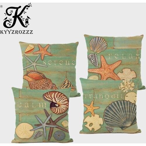 High Quality Marine Life Cushion Set Starfish Shell Conch Linen Printing Home Sofa Bedding Hug Pillowcase Funda Cojin40*40CM
