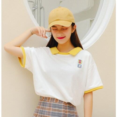 Womens Tshirt Kawaii Student Ulzzang College Style Loose Embroidered T-shirt Lady Ulzzang Harajuku Ins Top For Women Tunic