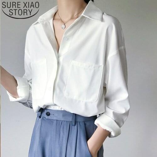 2021 Spring Office Lady Shirts Women White Long Sleeve Shirts Two Pockets Women Tops Solid Turn-down Collar Fashion Clothing
