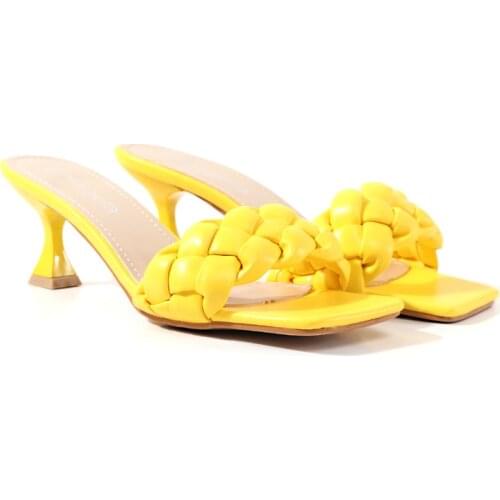 2020 Summer New Design Weave Square Slippers High Quality PU Leather Slipper Gladiator Womens High Heels