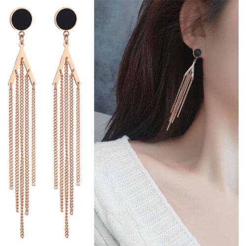 Women Rose Gold Tassel Earrings Stainless Steel With Black Circle Hypoallergenic Long Drop Earings Jewelry