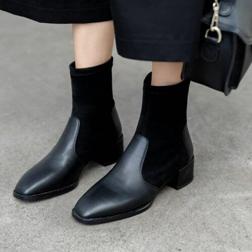 Genuine Leather High Heels Boots for Women Sexy Pointed Toe Black Autumn Winter Shoes Slip on Elastic Band Bottes Femme