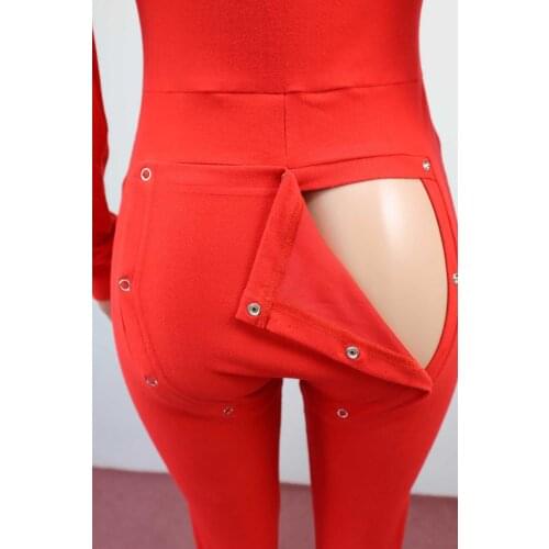 Womens Sex Pants Crotch Butt Button Flap Autumn and Winter Pajamas Home Wear Long Sleeve Sexy Jumpsuit
