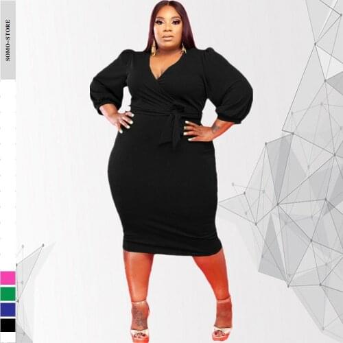 5xl Plus Size Womens Clothing Fashion V Neck Bandage Solid Color Casual Puff Sleeve Elegant Midi Dress Wholesale Dropshipping