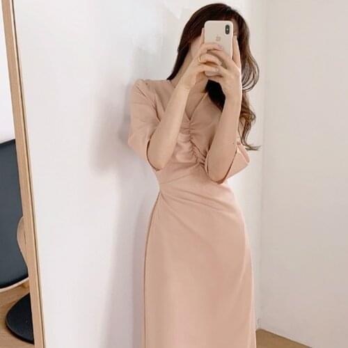 Genlte Sweet Slim A Line Pleated Pink V Neck Short Sleeve Dress Women Chic Korean Summer Clothing Retro Vestido Feminino
