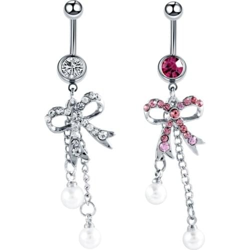 1Pc Trendy Pendant Belly Button Rings Navel Piercing 14G Stainless Steel Crystal Bow-knot Dangle Belly Piercing Sexy Body Jewelr