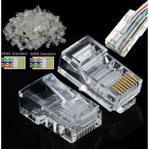 100pcs RJ45 Ethernet Cables Module Plug Network Connector RJ45 Crystal Heads Network Patch Cable End Crimp Plug Cat5e Cat6