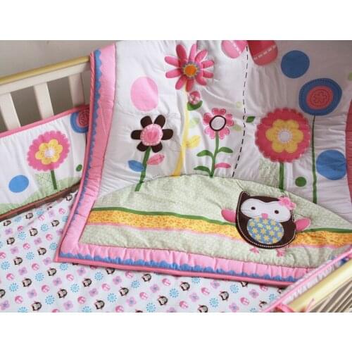 Promotion! 7PCS embroidery Baby Cot Bedding set baby pillow ,include(bumper+duvet+bed cover+bed skirt)