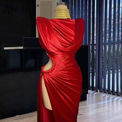 Arabic Sleeveless High Neck Mermaid Red Elastic Evening Dress Vestido Formatura Long Robes Longues Party Dress High Split Side
