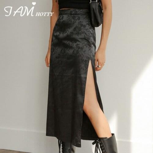 Satin Slit High Waist Long Skirt Summer Female Elegant Jacquard Straight Skirts Korean Street Style All-match Outfit 90 Iamhotty