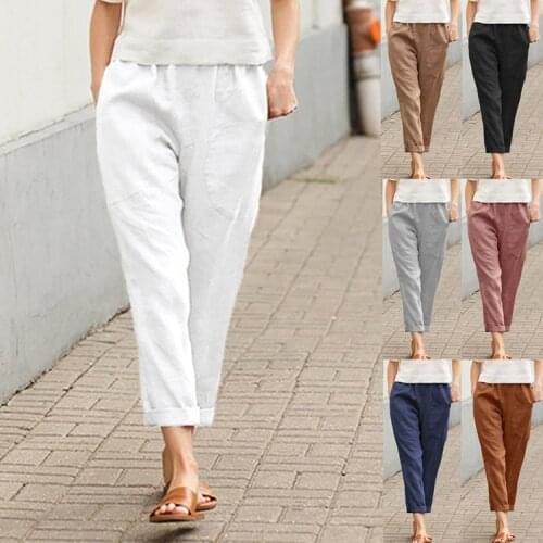 New Large Cotton Linen Casual Pants Womens Solid Color Capris Loose Pocket Harem Pants Summer Cool Breathable Cropped Trousers