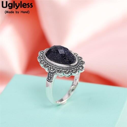 Uglyless Shinning Blue Sand Stones Rings for Women Noble Faceted Gemstones Jewelry Thai Silver Marcasite 925 Silver Wide Rings