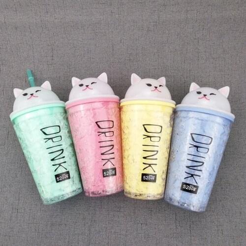 450ml Creative Cat Water Bottle Best Choice of Plastic Straw Ice Cup In Summer Cute Shape Double Shell Fashionable Convenient
