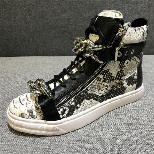 Mens Unisex Snake Pattern Metal Chain Ankle Boots Lace Up Side Zipper High Top Sneakers Shoes Genuine Leather Plus Size L004