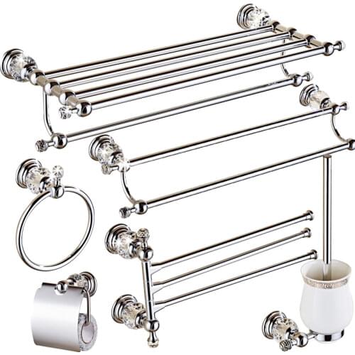 Antique Crystal Solid Brass Bath Hardware Sets Chrome Silver Bathroom Accessories Electroplate Towel Rack Toilet Brush Holder