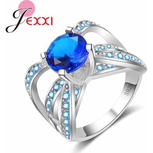 New Cross Design Hot Sale Women Blue Crystal Rings 925 Sterling Silver Jewelry Engagement Wedding Band Accessory Bague