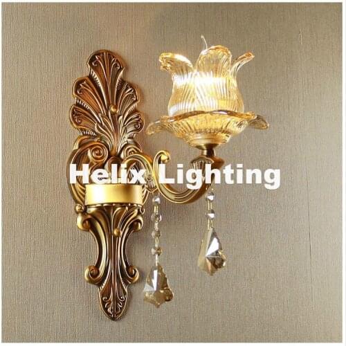 New European Style Copper Color Wall Lamp Single/Double Head Hallway Light Bedroom Brass Glass Wall Sconce AC 100% Guaranteed