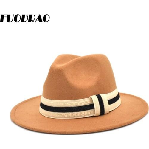 FUODRAO Women Fedora Hat Large Brim Autumn Winter Wool Panama Solid Colors Ribbon Bowler Hat British Vintage Jazz Cap F116