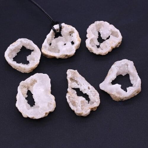Natural White Geode Agates Stone Pendant Necklace Agate Cluster Charm Wax Thread for Jewelry Making Women Necklace Bracelet Gift