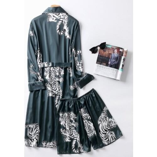 Luxury Two-Pieces Silk Nightgown Satin male Sleepwear Loose Animal Silky Long Sleeve Robe and Long Pants bathrobe set for Men