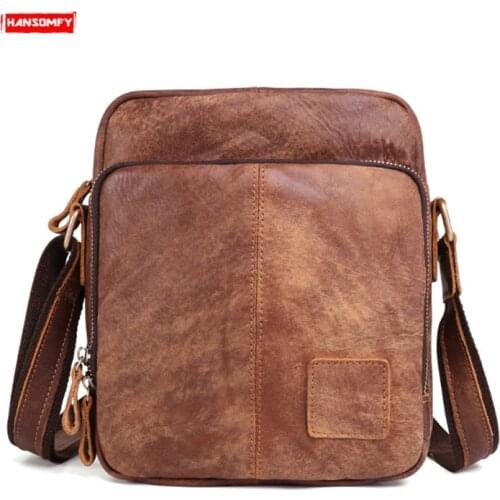 New Vintage Genuine Leather Mens Hadnbag Small Squre Shoulder Bag Mobile Phone Crossbody Bag Men Scrub Leather Messenger Bags