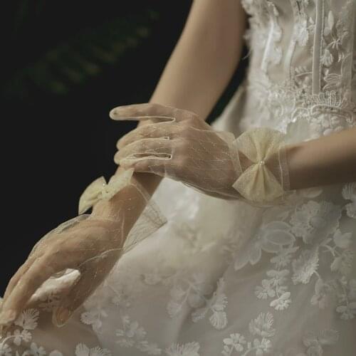 Wedding Gloves For Bride Guantes Gold Lace Bow-knot Fingers Short Champange Tulle Gloves Wedding Dress Accessories