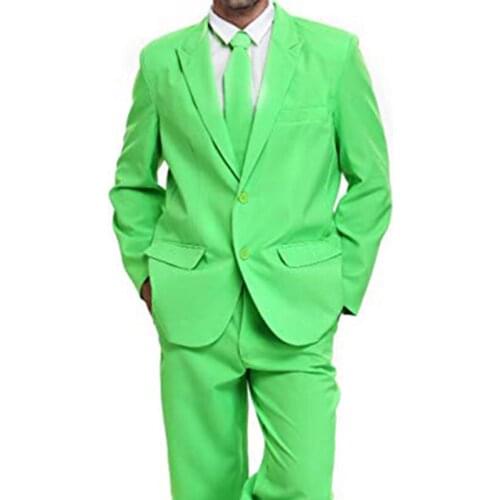 Luminous Green Two Buttons Mens Party Suit Solid Color Leisure Suit for Holiday Party Two Pieces Suit Jacket with Tie & Pants