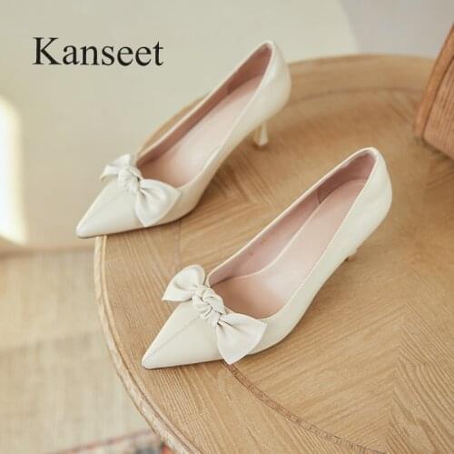 Kanseet Butterfly-Knot Genuine Leather Shoes 2021 Spring Autumn New Thin High Heels Elegant Pointed Toe Beige Woman Pumps 40