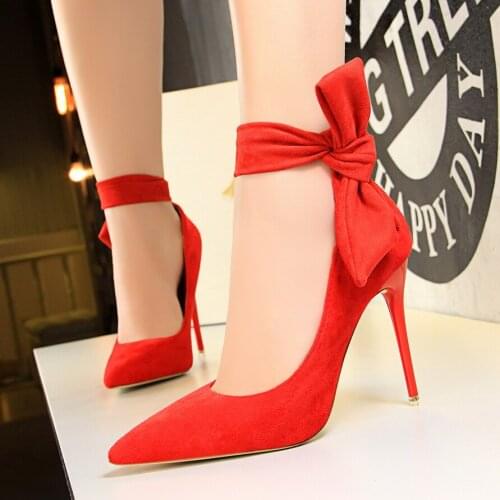 Red bowknot fashion design womens high heel pumps summer flock Party Wedding stiletto shoes 10.5cm thin heels