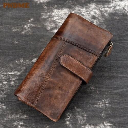 PNDME vintage designer long hasp handmade genuine leather mens wallet simple cowhide luxury business card holder card purse