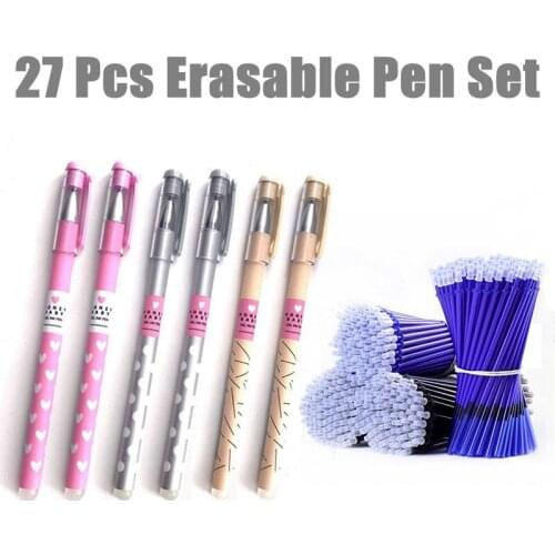 27pcs/Set Cute Pink Girl Heart Erasable Pen Refills Rod Kawaii School Blue Black Erasable Ink Pens Writes Erases Stationery