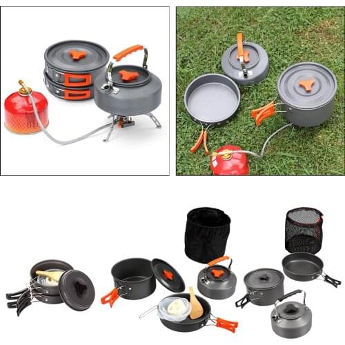 7pcs/8pcs Camping Cookware Mess Kit w/ Pots& Tea/Coffee Kettle Frying Pan Bowls Spoon Wooden Spatula Cleaning Towel Bag