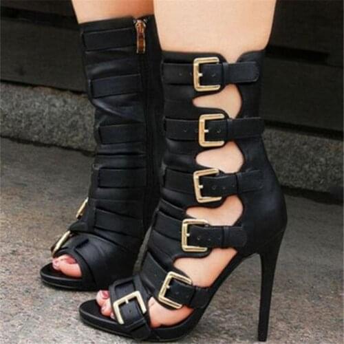 ASHIOFU Classic Womens Sandals Six Buckle Straps Deco Sexy Club Party Prom Shoes Peep-toe Evening Dance Fashion High Heel Shoes